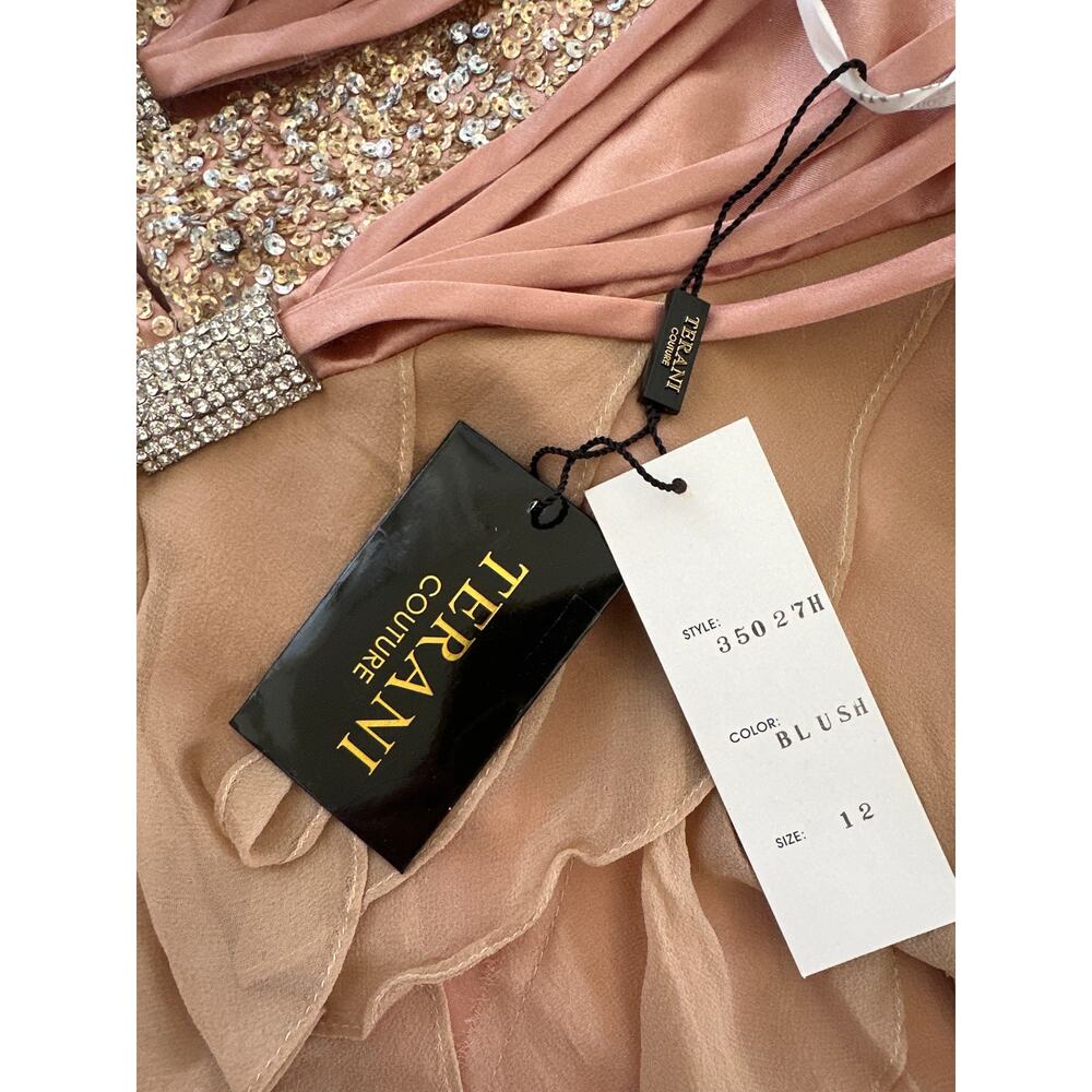 NWT Terani Couture Silk Beaded Ruffled Rhinestone cocktail dress nude pink sz 12 - Picture 7 of 8